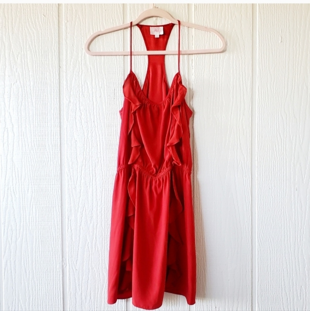 Parker Poppy Red 100%Silk Ruffled Blouson Mini Slip Sun Dress Summer Festival XS